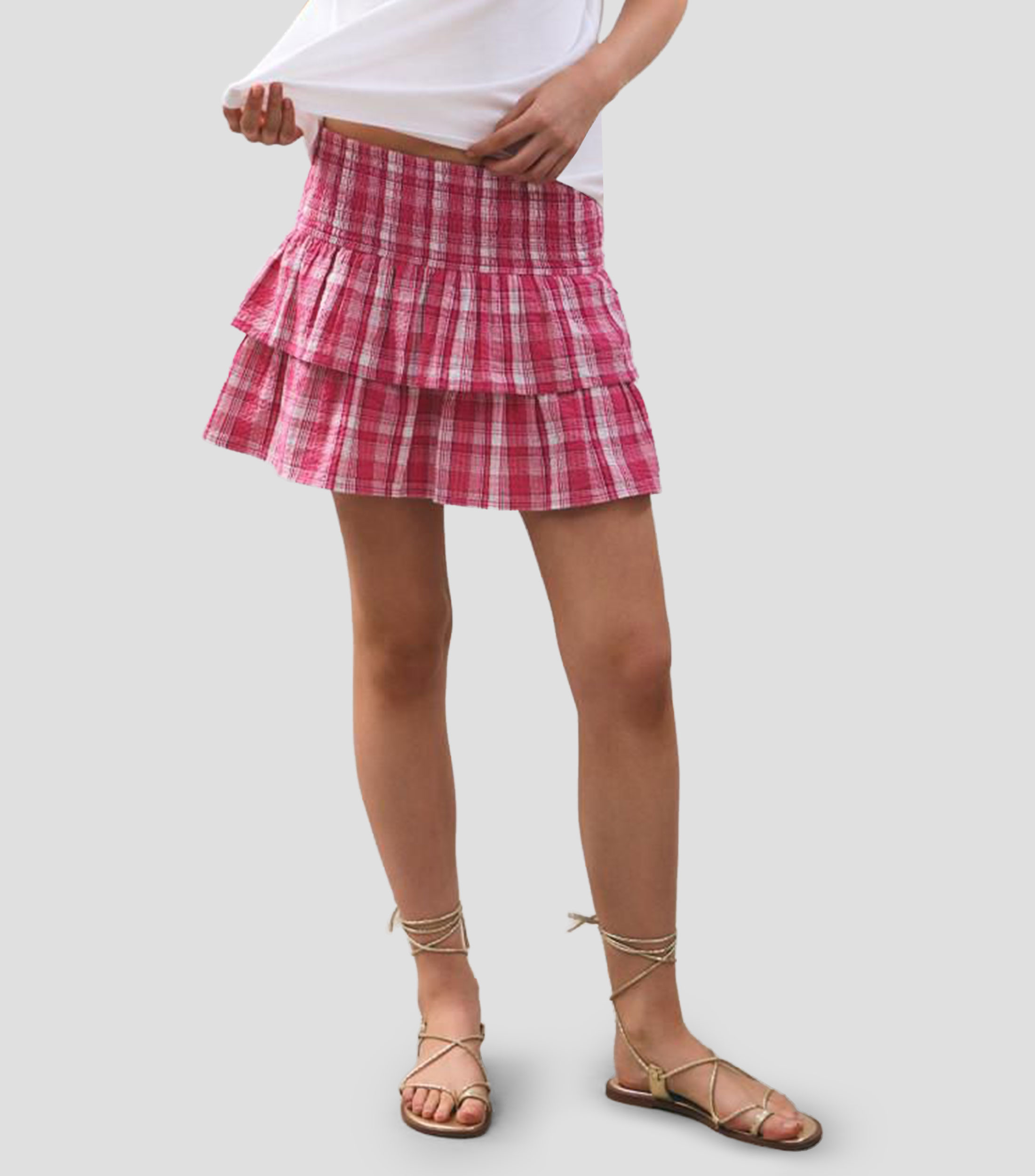 Falda mini con cuadros y holanes Mujer